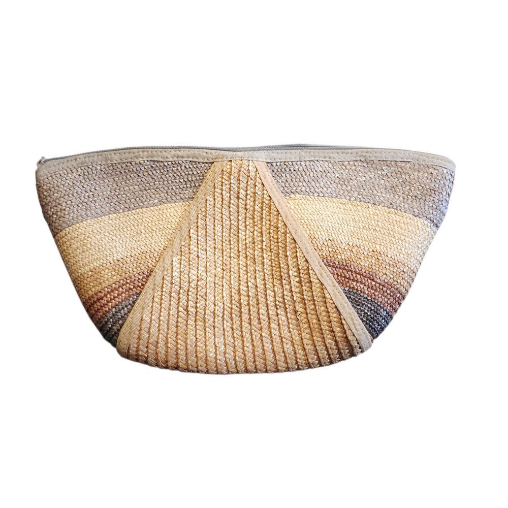 Estee Lauder Clutch Handbag Half-Circle Beige Brown Woven Straw Boho Beach